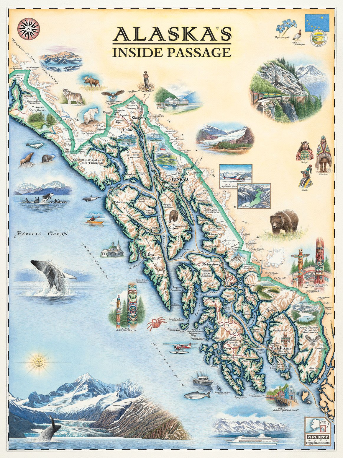 Xplorer Maps Alaska's Inside Passage Hand-Drawn Map – 24x18 Vintage-Style Lithographic Print – Made in USA
