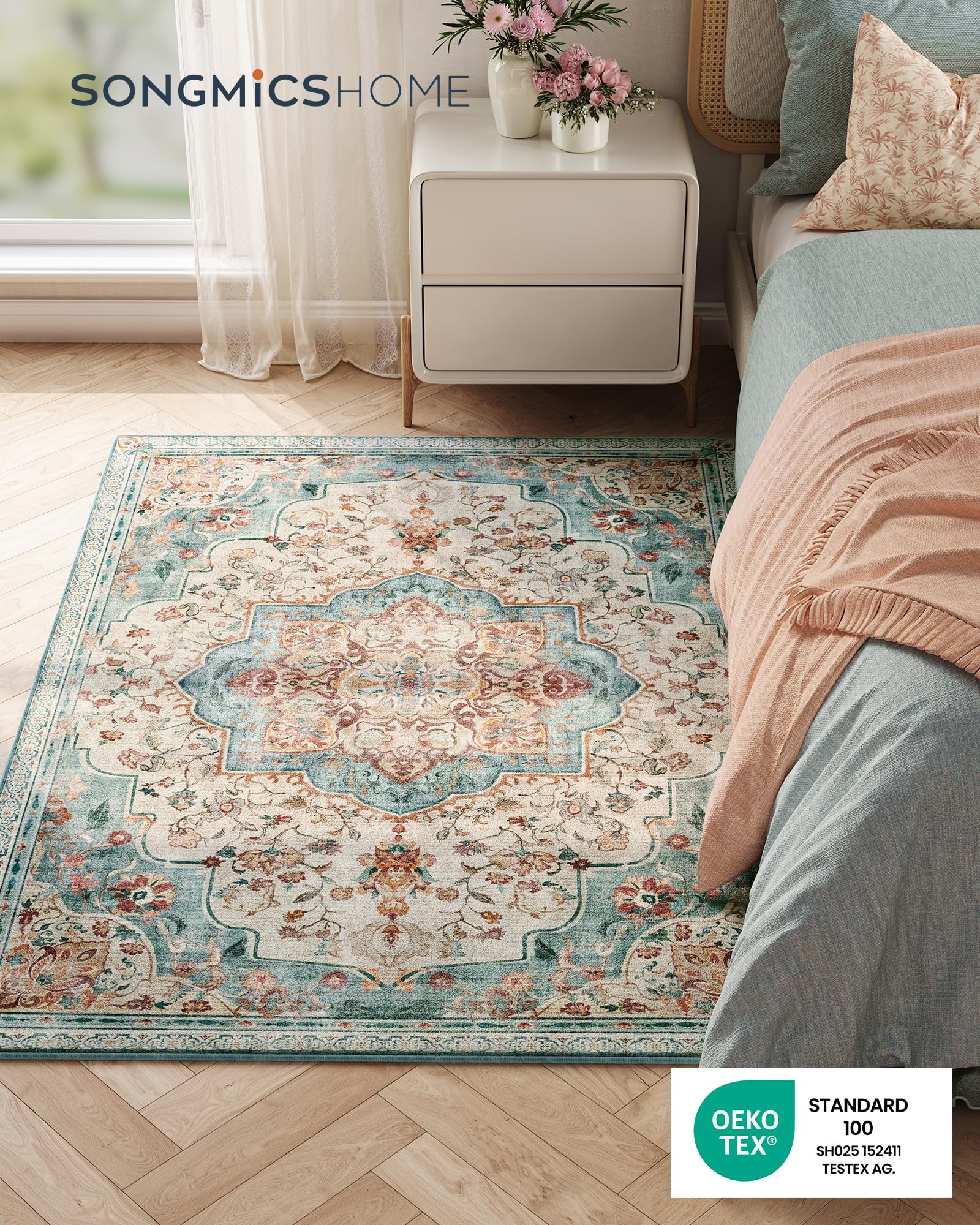 SONGMICS HOME Vintage Teppich, 120 x 170 cm, Wohnzimmerteppich, Schlafzimmerteppich, Waschbarerteppich, Rutschfester Teppich, für Küche, Flur, Esszimmer, aquamarinblau TAR032Q01 2