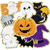 8 Pcs Halloween Iron on Patches Cute Chenille Pumpkin Ghost Boo Skull Witch Bat Sew on Repair Embroidered Applique Glitter DIY Crafts Decorative Gifts for Clothing Jacket Backpack Hat