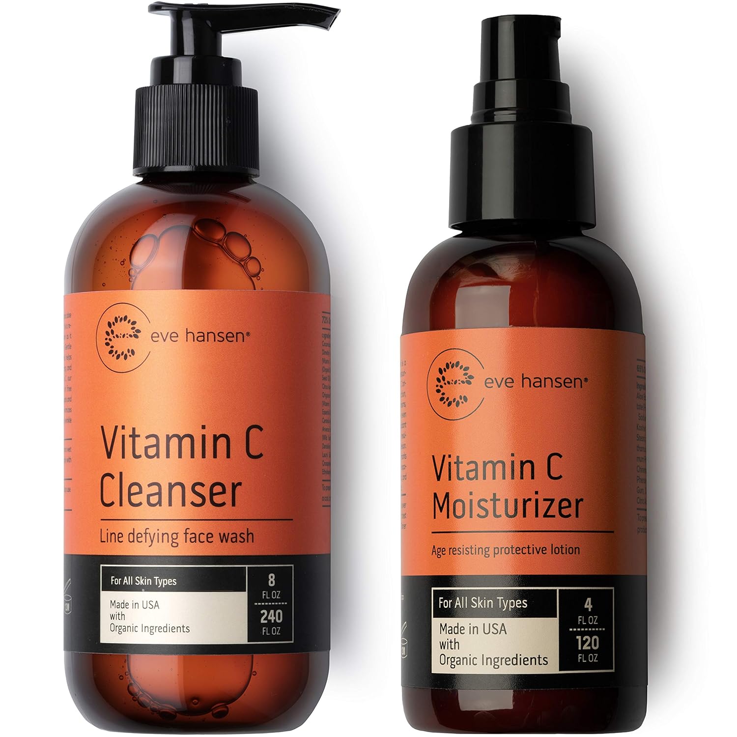 Eve Hansen Vitamin C Cleanser and Moisturizer Set | Natural Vit C Face Wash (8 oz) for a Deep Clean | 1X Brightening Moisturizer (8 oz) for All Skin Types