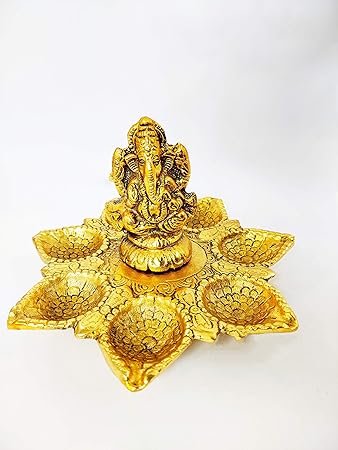 Parth Ganesha on Leaf - Ganesh with Diya - Lord Ganesha Metal Hand Craved for Home Decorative Gift Puja Diwali Gifts