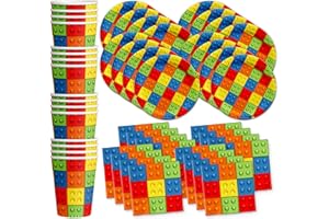Building Blocks Birthday Party Supplies Set Plates Napkins Cups Tableware Kit for 16