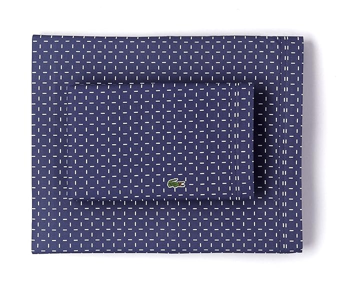 Lacoste 100% Cotton Percale Sheet Set, Dash Print, Vintage Indigo, King
