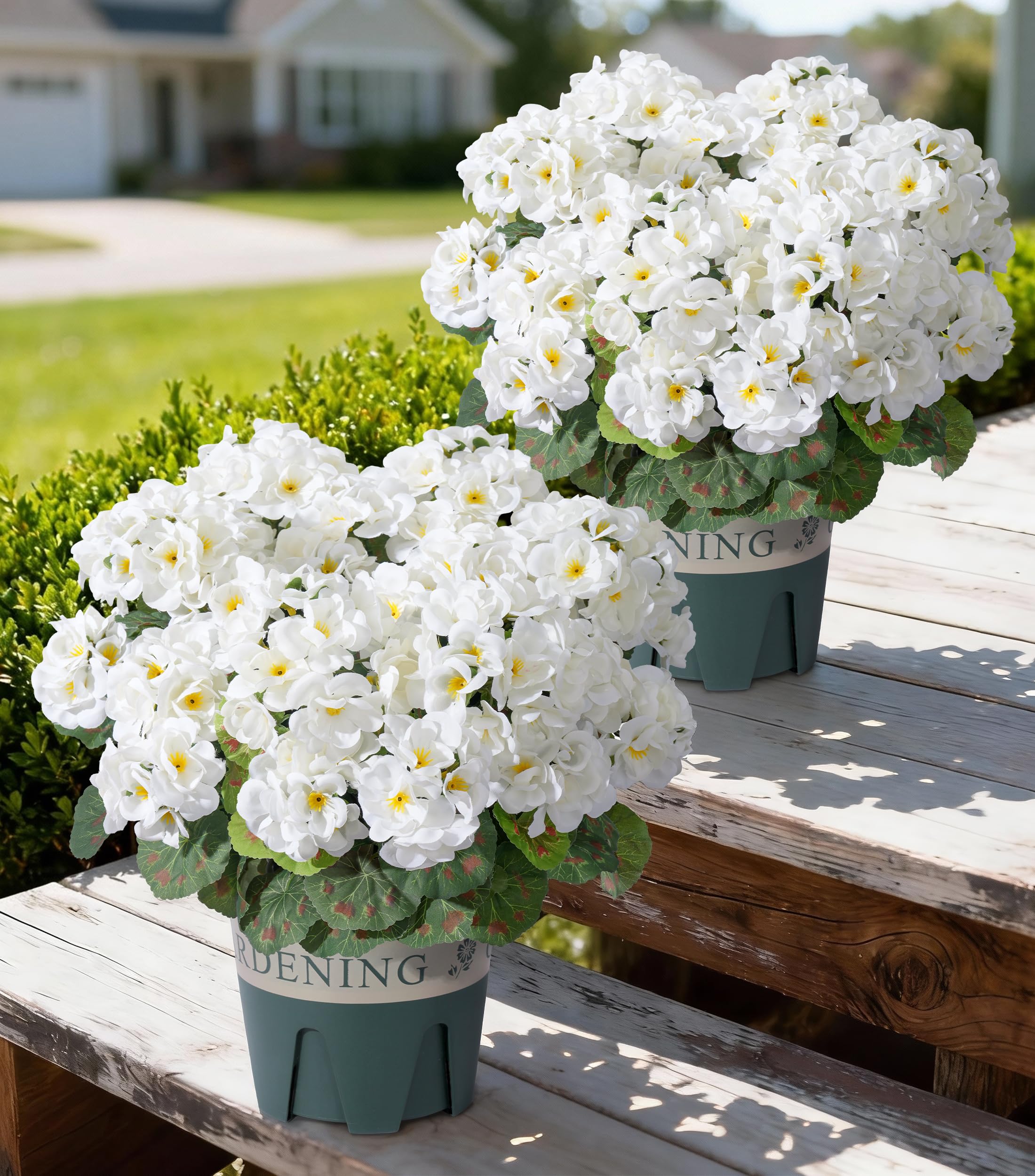 Photo 1 of Geraniums Artificial Flowers for Outdoors, 2 Pack Potted Plants White Faux Geraniums Bush Artificial Topiaries Realistic UV Resistant Fake Flowers Plants for Planters Outside Gardens Front Door Indoor