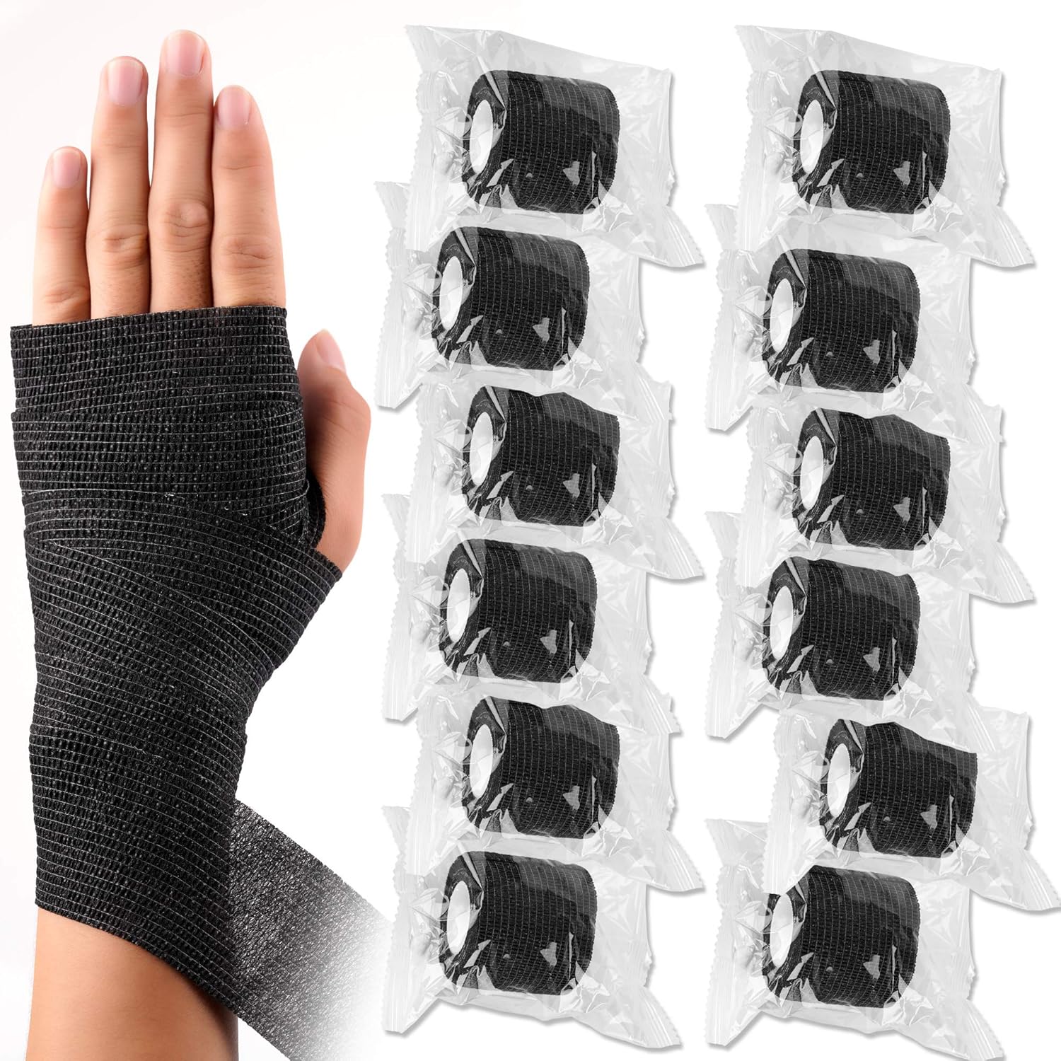 12 Pack Self Adherent Cohesive Wrap Bandages 2 Inches X 5 Yards, First Aid Tape, Elastic Self Adhesive Tape, Athletic, All Sports wrap Tape, Breathable Wound Tape, Bandage Wrap for Wrist, Ankle, Black: Health & Personal Care