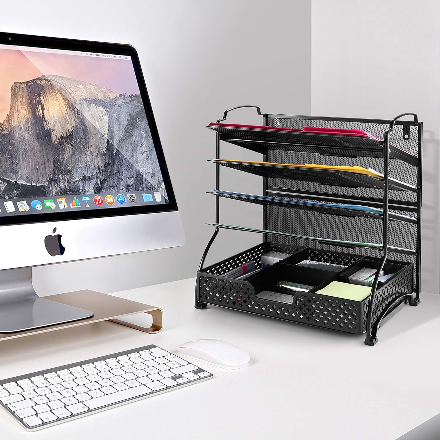 Simple Trending 5-Trays Mesh Desk File Organizer Vertical Document Letter Tray Wall File Holder with Plastic Drawer Organizer for Office Home, Black : Office Products