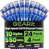 GEARit Cat6 Patch Cables Cat 6 Ethernet Cable 4 ft 24-Pack Blue | High Speed 24AWG 10Gbps RJ45 Snagless Gold-Plated, Ethernet Cable for Router, Switch, PC, PS5 Gaming, Server