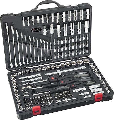 Vigor Steckschlüsselsatz (1/4, 3/8 und 1/2 Zoll, Ring-Maulschlüssel-Satz, Bits und Steckschlüssel für professionellen und pri