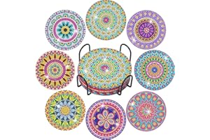 Billbotk Diamond Art Painting Coasters Kit, 8 Pieces Mandala Diamond Art Coasters with Holder, DIY Diamond Mandala Coasters for Beginners, Kids