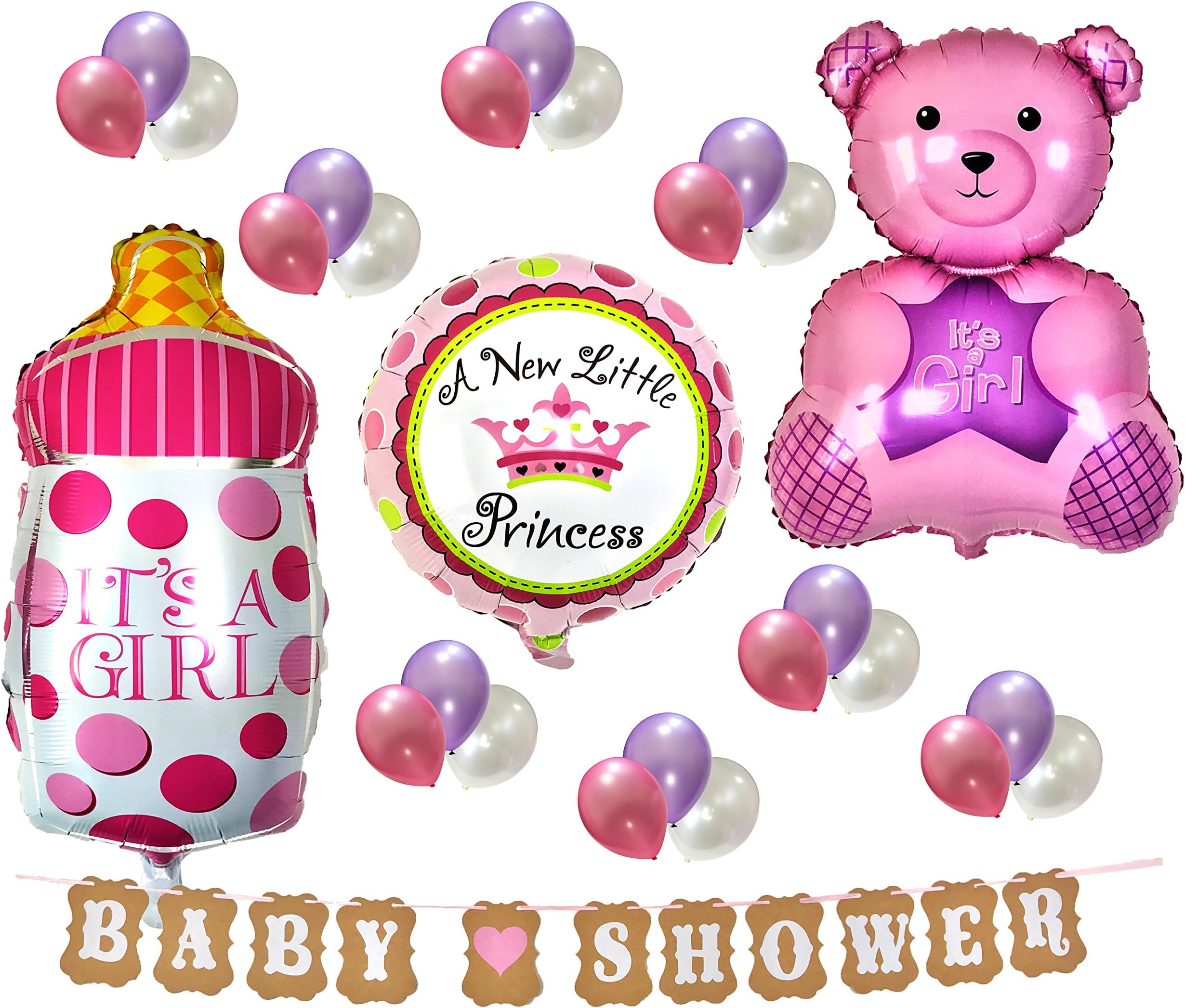 PartyPlace Baby Shower Decorations Set Brand, Baby Girl Baby Shower Banner with Cute Pink Bear, Its a Girl Pink Baby Bottle, Baby Shower Sign Banners and Metallic Balloons (Pink)