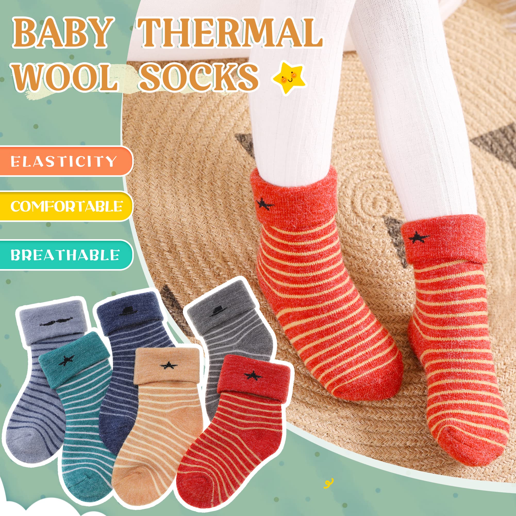 Eocom 6 Pairs Baby Boys Girls Wool Socks Infant Toddlers Kids Unisex Winter Thick Soft Warm Thermal Crew Socks