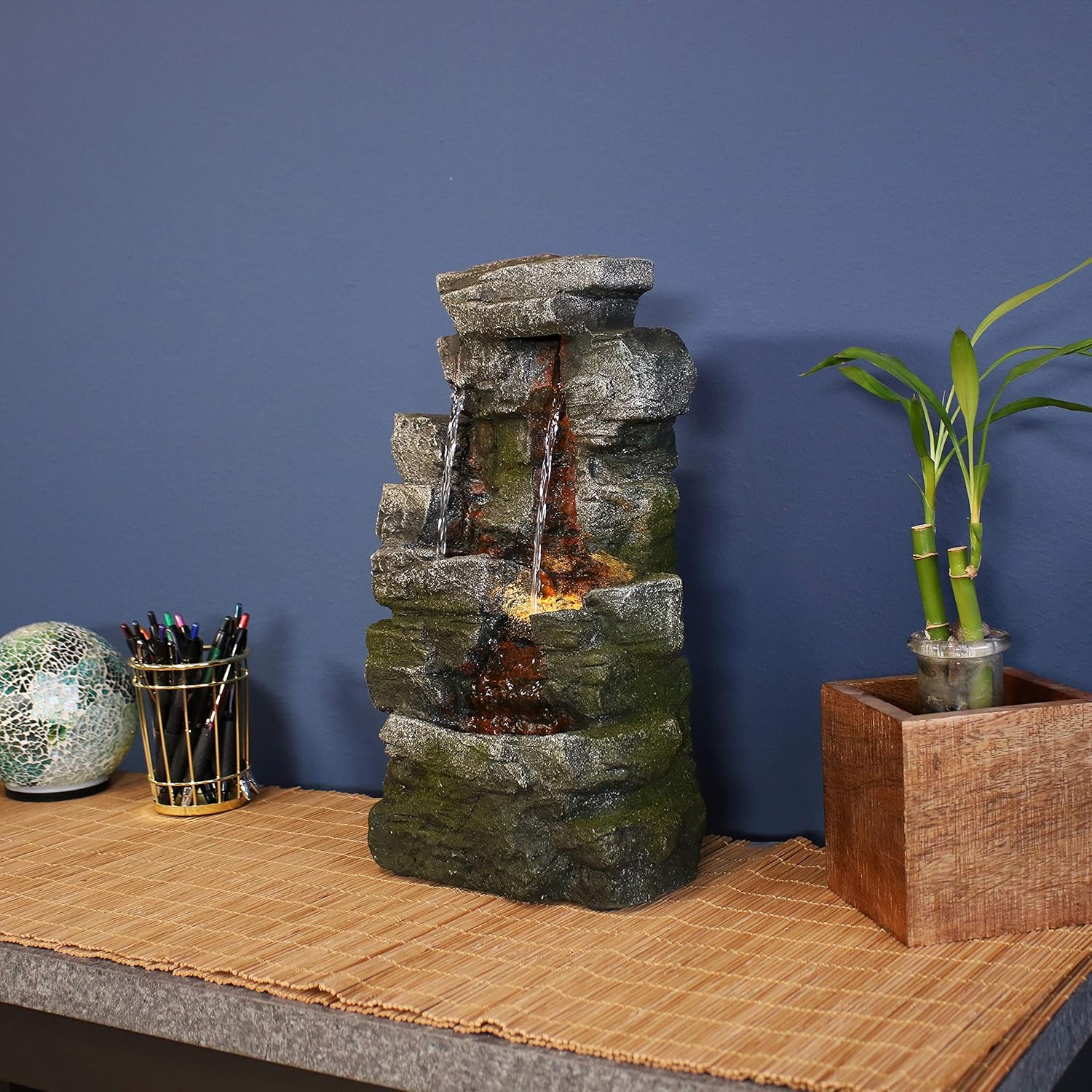 Sunnydaze 14-Inch Towering Cave Waterfall Indoor Tabletop Water Fountain with LED Light - Small Interior Water Feature for Home and Office - Mini Decorative Fountain: Kitchen & Dining