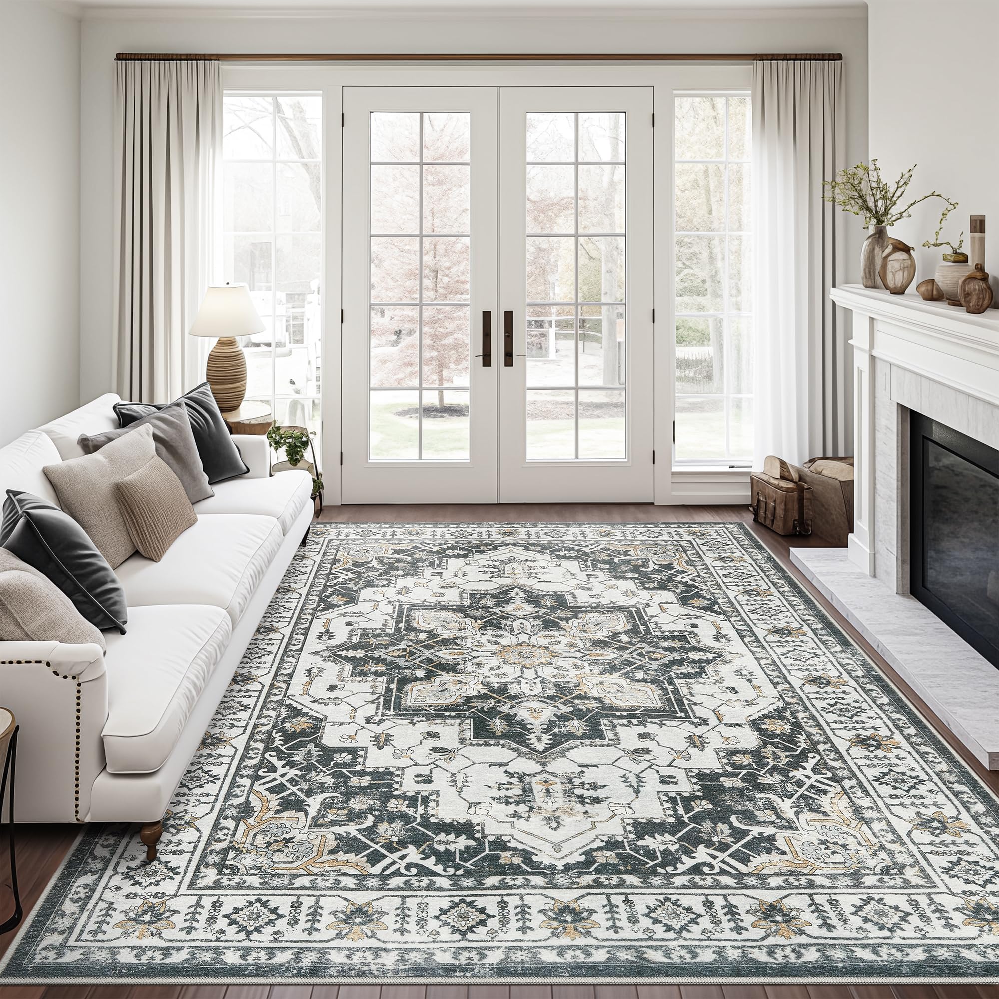 Photo 1 of Madane 5x7 Area Rugs for Living Room, Stain Resistant Washable Rug, Non-Slip Backing Area Rug, Vintage Home Decor Rug for Bedroom (Black, 5'x7')