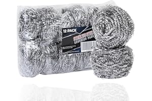 Brheez Stainless Steel Cleaner Scouring Pads [12 Pack] - Industrial & Commercial Strength Large Cleaning Supplies Dish Sponge - Individually Wrapped 30 Gram