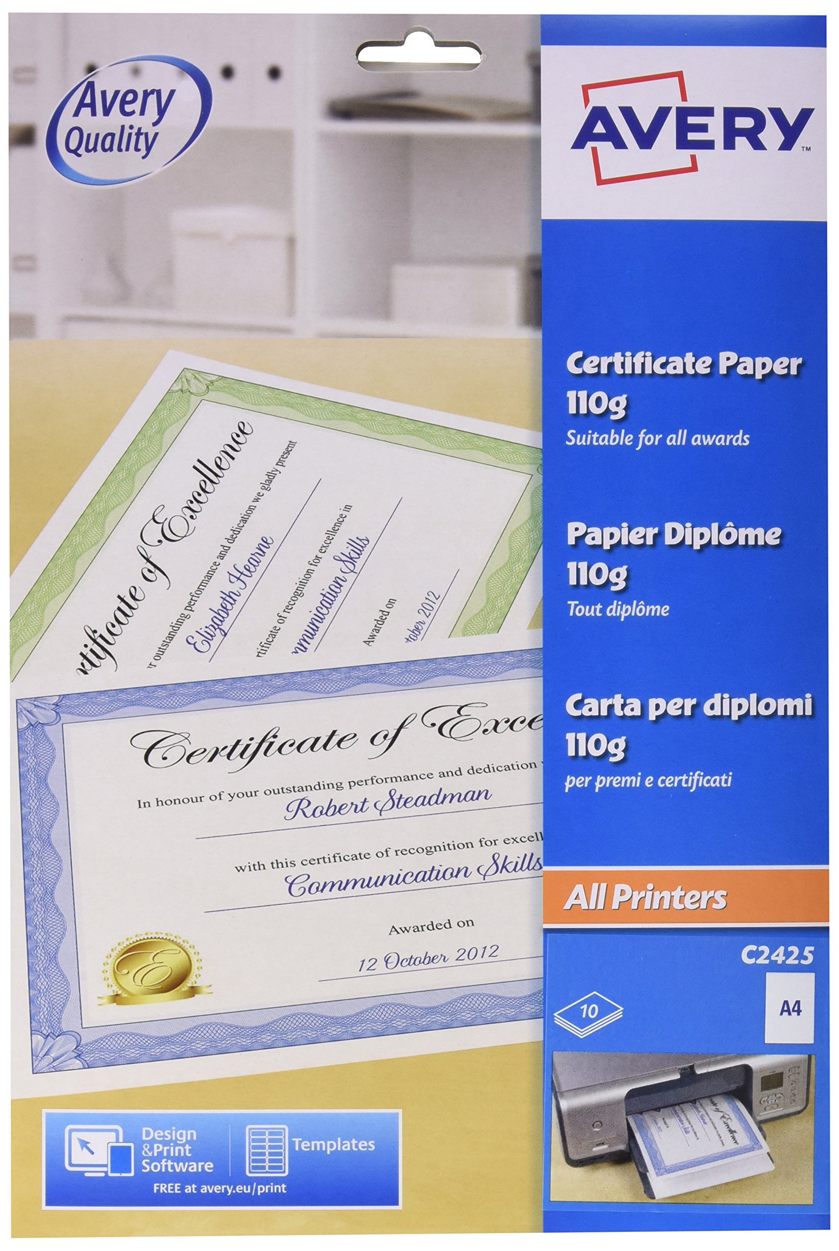 Avery UK C2425 A4 Certificate Paper, Blue Certificate Border, 10 A4 Sheets per Pack