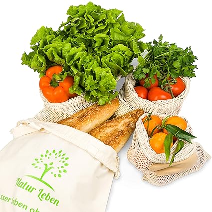 Natur Leben Einkaufsnetz - Wiederverwendbare Obst- und Gemüsebeutel im 4er Set inkl. Brotbeutel - Nachhaltige Baumwollbeutel 