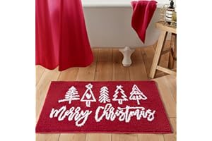 ALDOPEIN Merry Christmas Bath mat Washable Non Slip, 16’’W x 24’’L Cute Vibrant Red Modern Christmas Tree Bathroom Rugs Decor, Absorbent Shaggy Microfiber Xmas Holiday Winter Bath Rug Shower Floor Mat