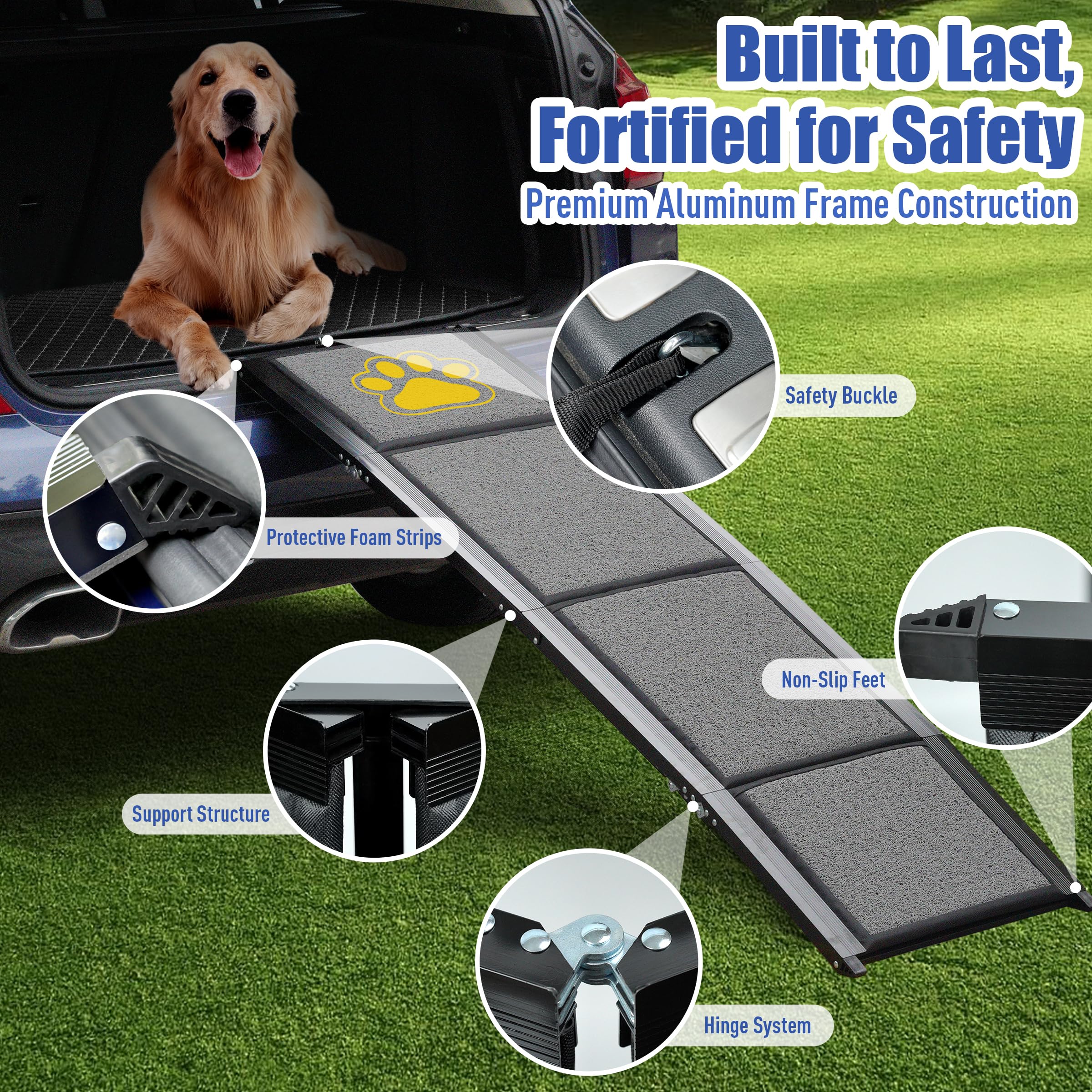 BACOENG 180cm Hunderampe Auto Klappbar, Hundetreppe Auto mit Rutschfester Teppich, rutschfest Hunderampen für Autos, LKWs und SUV 6
