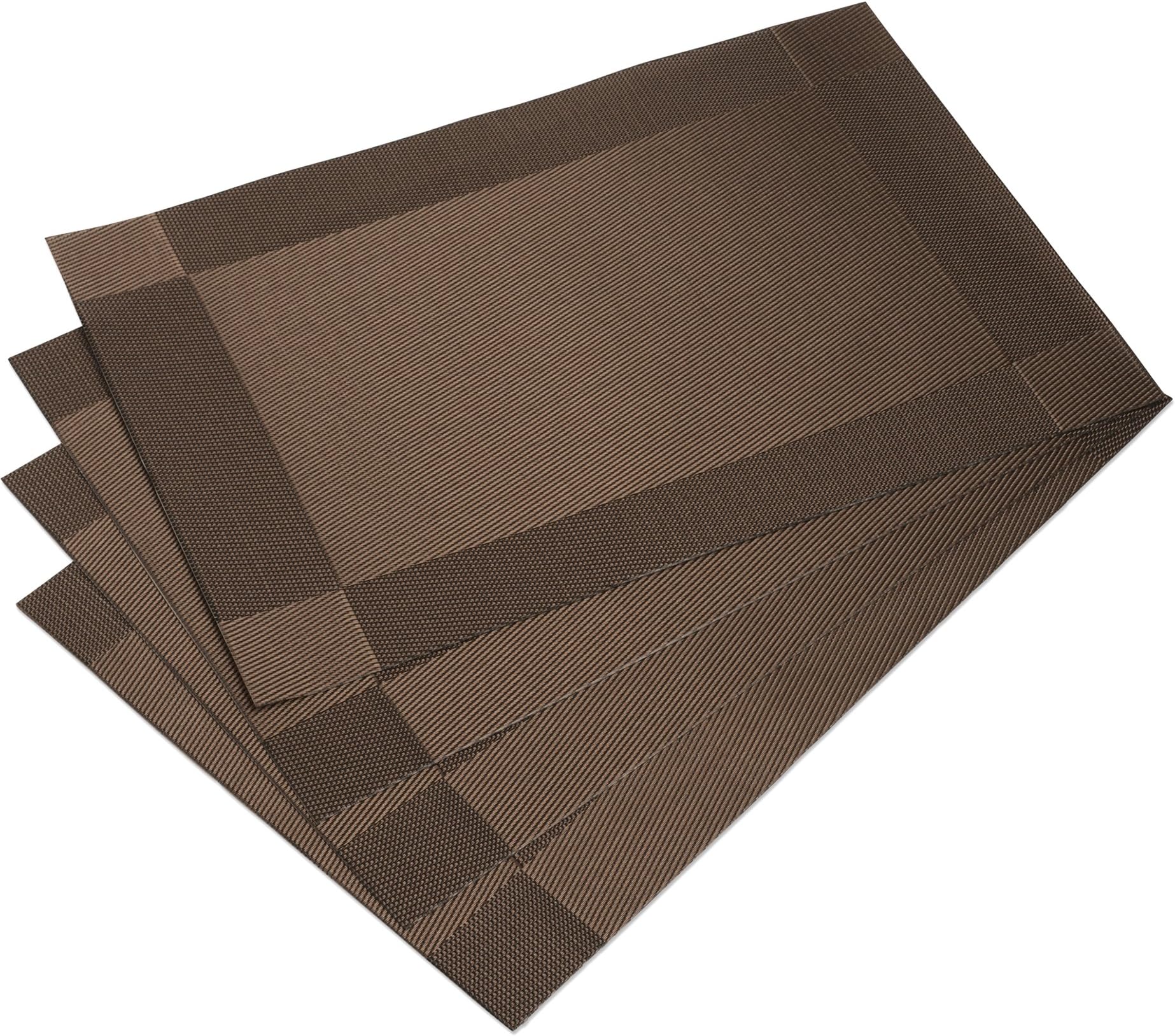 DinaChef Place Mats for Dining Table or Kitchen, Quality Thermal Bonded Edges, Reversible Placemats, Vinyl Placemat Set of 4, Rectangle Square Corner Design Mats in Brown
