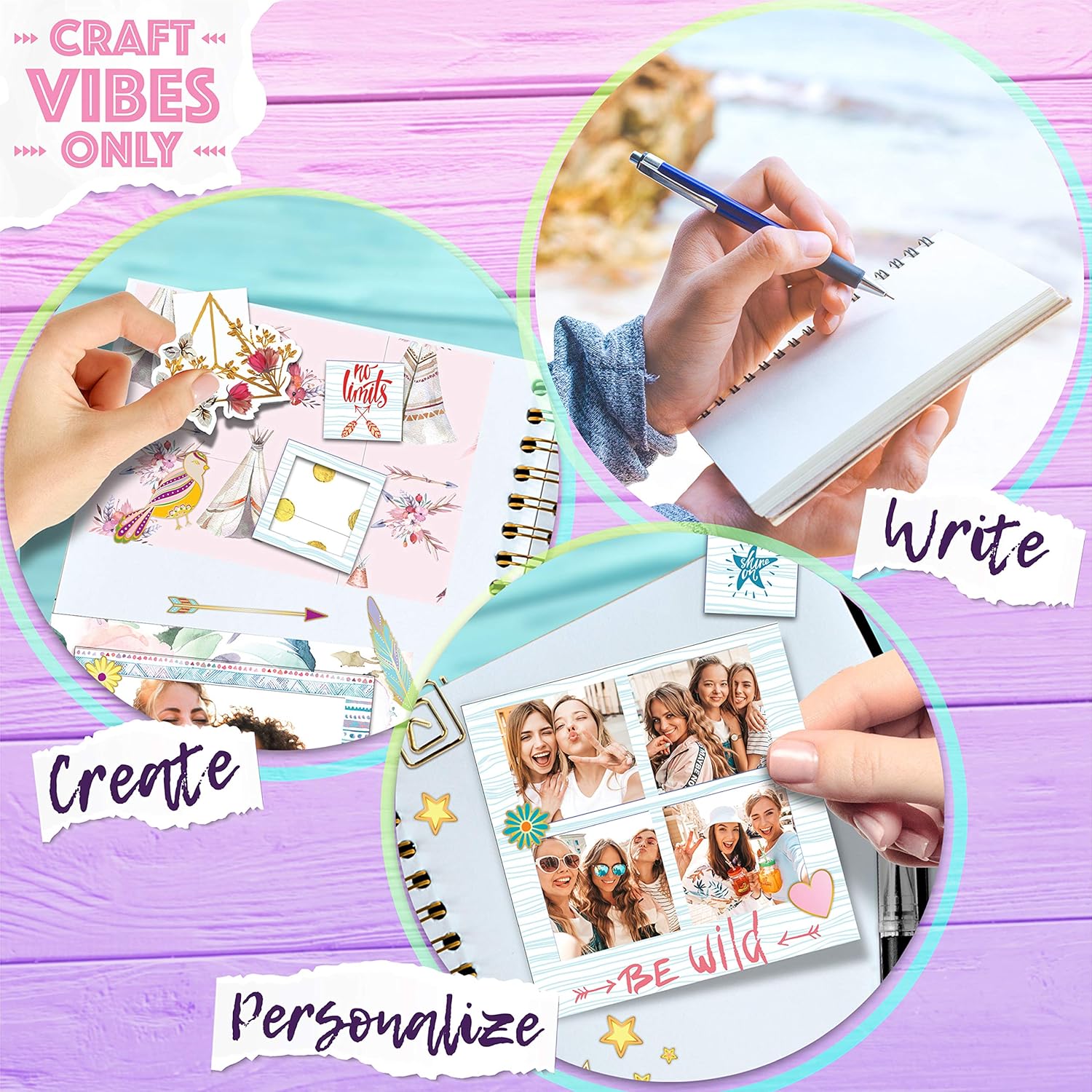 Good Vibes Journal DIY Set by Craft Vibes Only – Personalized Diary - Custom Journals for Girls - Creative Writing Journal Scrapbook Kit - Customize Your Journal Notebook - Pen Included! - Ages 8 & Up: Home & Kitchen