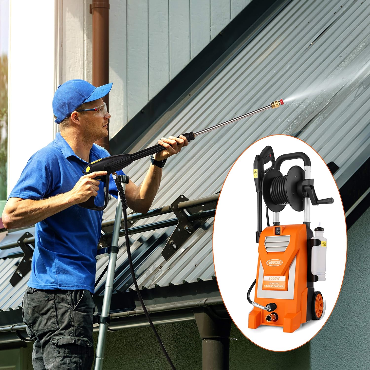 Kepma Electric Pressure Washer, 3800PSI 3.0GPM Power Washer 2000W High Pressure Cleaner Machine with 5 Nozzles, Foam Cannon, Hose Reel for Car Washing, Patio Furniture, Concrete, Deck (Orange) : Garden & Outdoor
