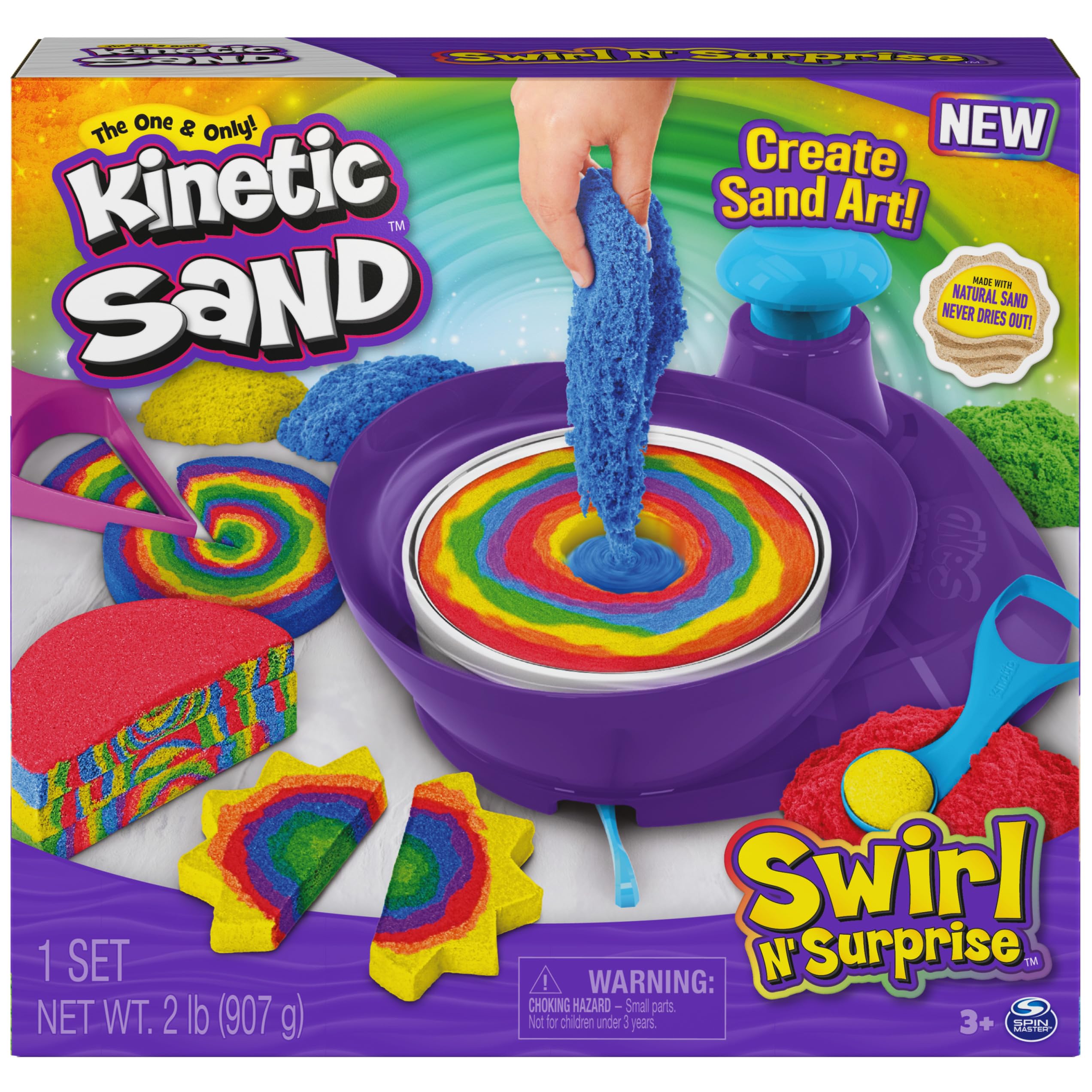 Photo 1 of Kinetic Sand, Swirl N’ Surprise Playset with 2lbs of Play Sand, Including Red, Blue, Green, Yellow and 4 Tools, Sensory Toys for Kids Ages 3 and up
