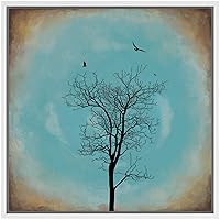 SIGNWIN Framed Canvas Wall Art Bird Flying Over Wisdom Tree in Blue, Gold Twilight Landscape Wilderness Oil Painting Abstract Rustic Scenic Dramatic for Living Room, Bedroom, Office - 16x16 inches