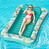 Stonful Inflatable Tanning Pool Lounger, 75" x 51", Large, Green | Thick PVC, Removable Headrest, Cup holder, 4-in-1 Water Filled Sun Tan Bed, Suitable for Pool, Backyard, Beach