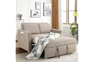 SEJOV 3-in-1 Convertible Sofa Bed, Linen Fabric Sleeper Couch Pull Out Bed, 49" 2-Seater Loveseat Futon Sofa with Spring Support, Adjustable Backrest and Pillows for Small Spaces, Living Room