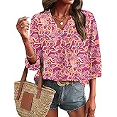 LOMON Womens 3/4 Sleeve V Neck Boho Peasant Blouses Dressy Casual Breathable Soft Tunic Tops with Button Cuffs