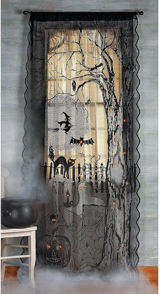 Amazon Com Halloween Spooky Lighted Lace Curtain Panel Home