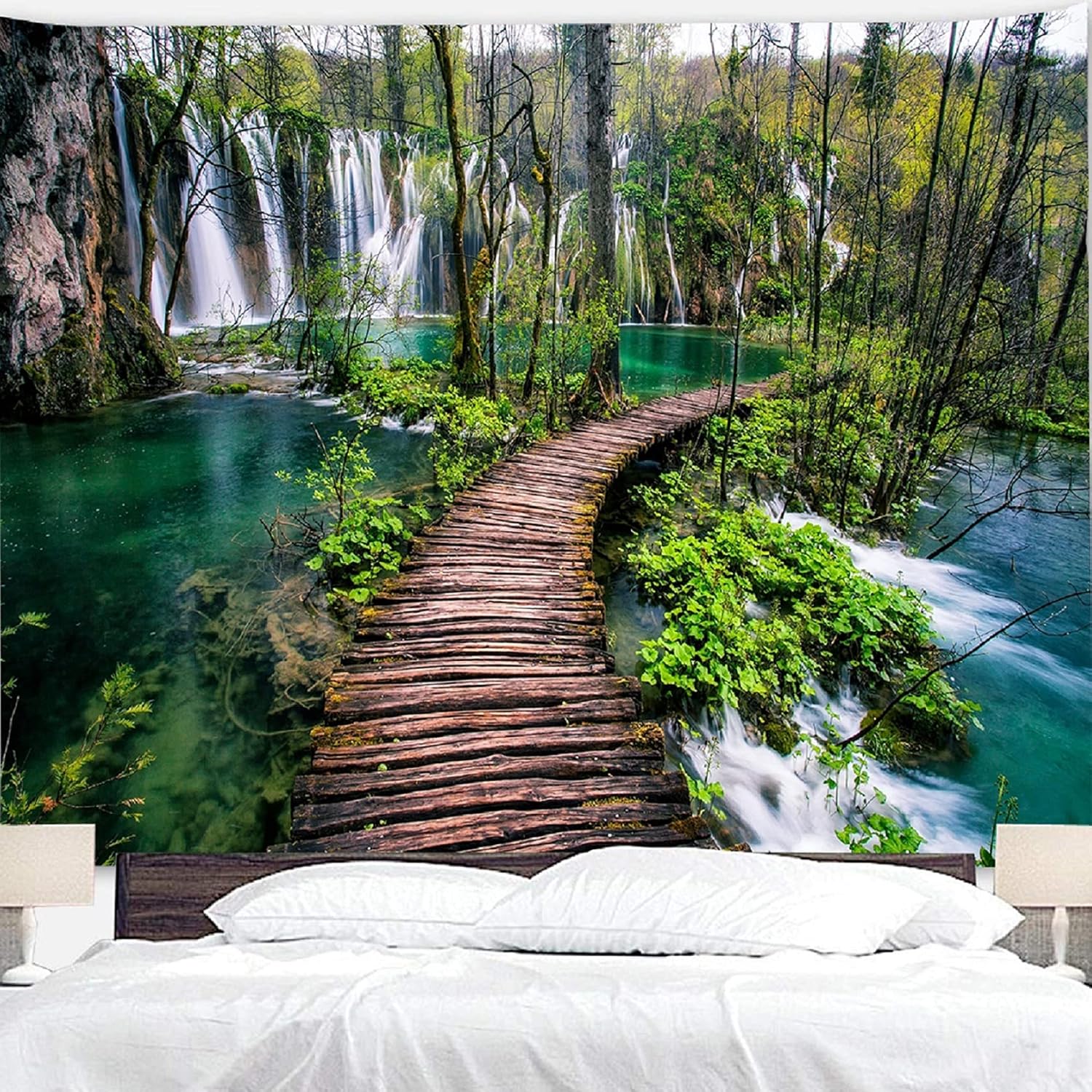 Tapestries - Green Nature Landscape Tapestry Rainforest Tapestry Waterfall Tapestries River Wooden Bridge Wall Hanging Tapestry For Living Room Bedroom Dorm Home Decor Large 59x90 Inchs(150x230 cm)