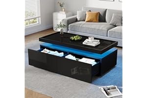 Modern High Gloss LED Coffee Table with 2 Drawers, Black Center Table with App Controlled RGB Light Strip, Storage Shelf, Tra
