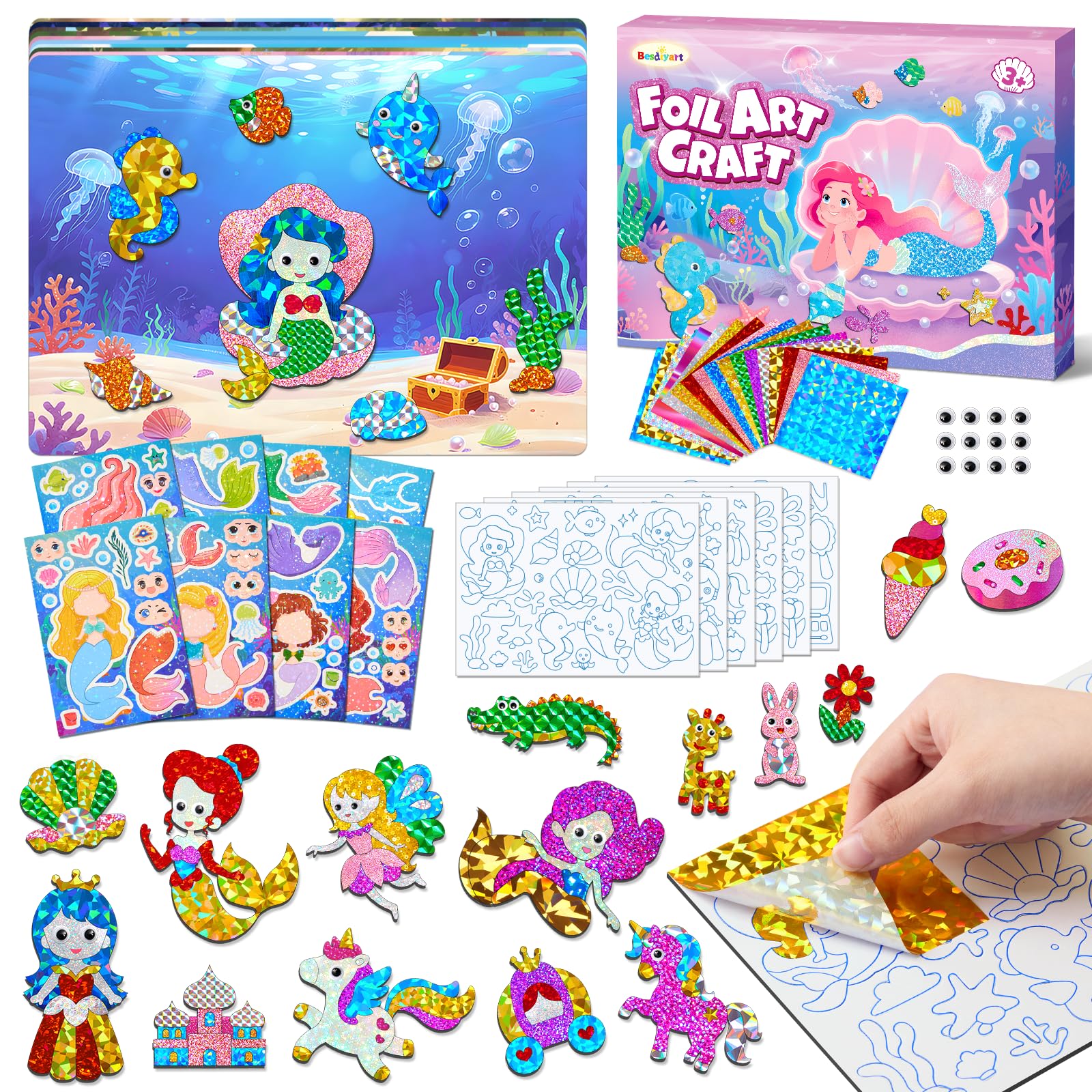 Besdiyart Foil Art for Kids, Fun Mess Free Colouring Craft Kits & Suppliers, DIY Creative Travel Toy, Birthday Gifts for Boys & Girls Ages 4, 5, 6, 7, 8, 9