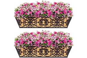 KARLLIU 2 Pack 24 Inch Window Boxes Planters Railing Planter Box with Adjustable Brackets & Coco Liners Fabric Plant Grow Bags Deck Railing Planter Boxes Balcony Hanging Flower Box for Outdoor Plants