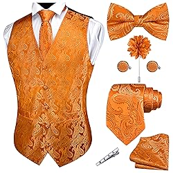 GUSLESON Mens Paisley Orange Gold Suit Vest Tie and