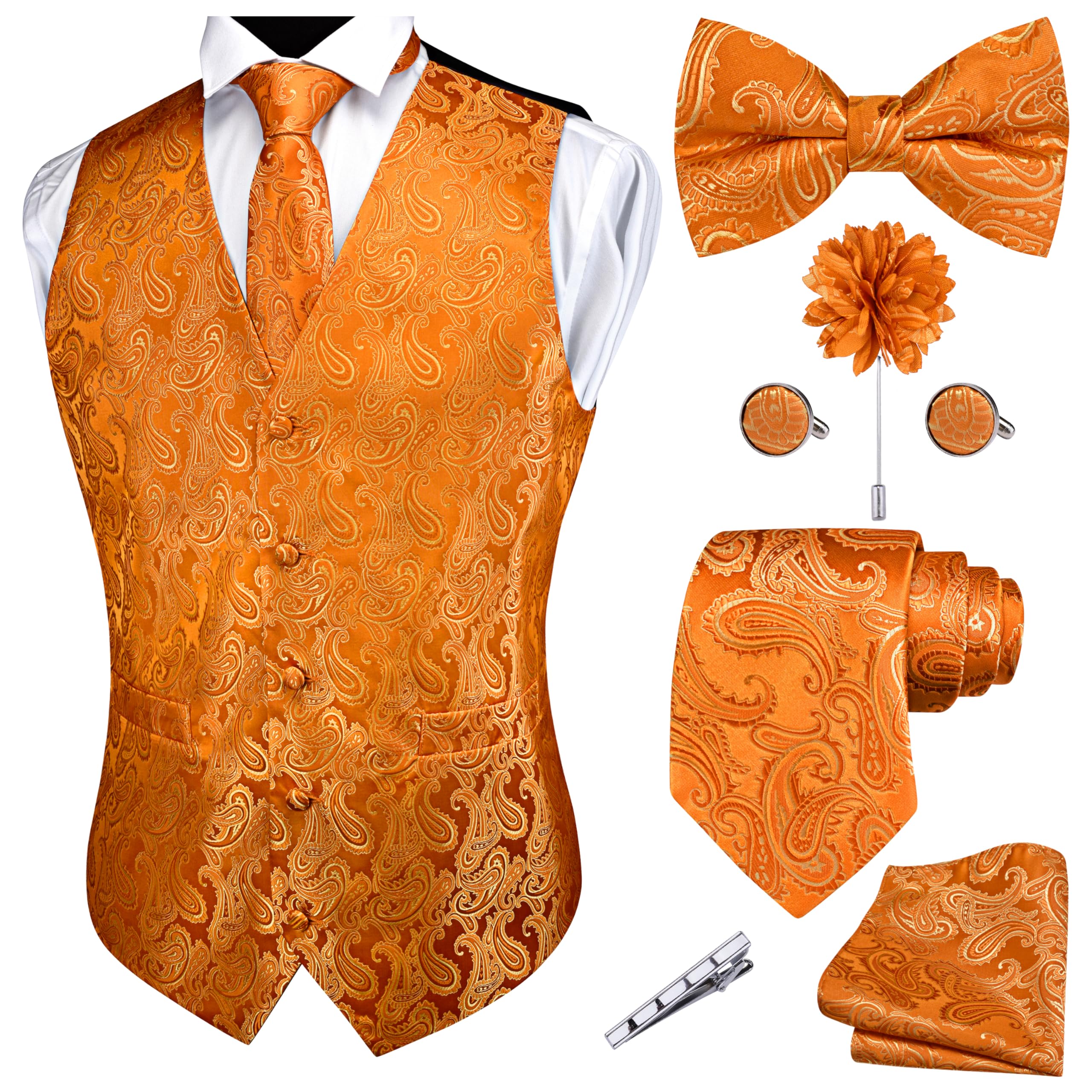 GUSLESON Mens Paisley Orange Gold Suit Vest Tie and