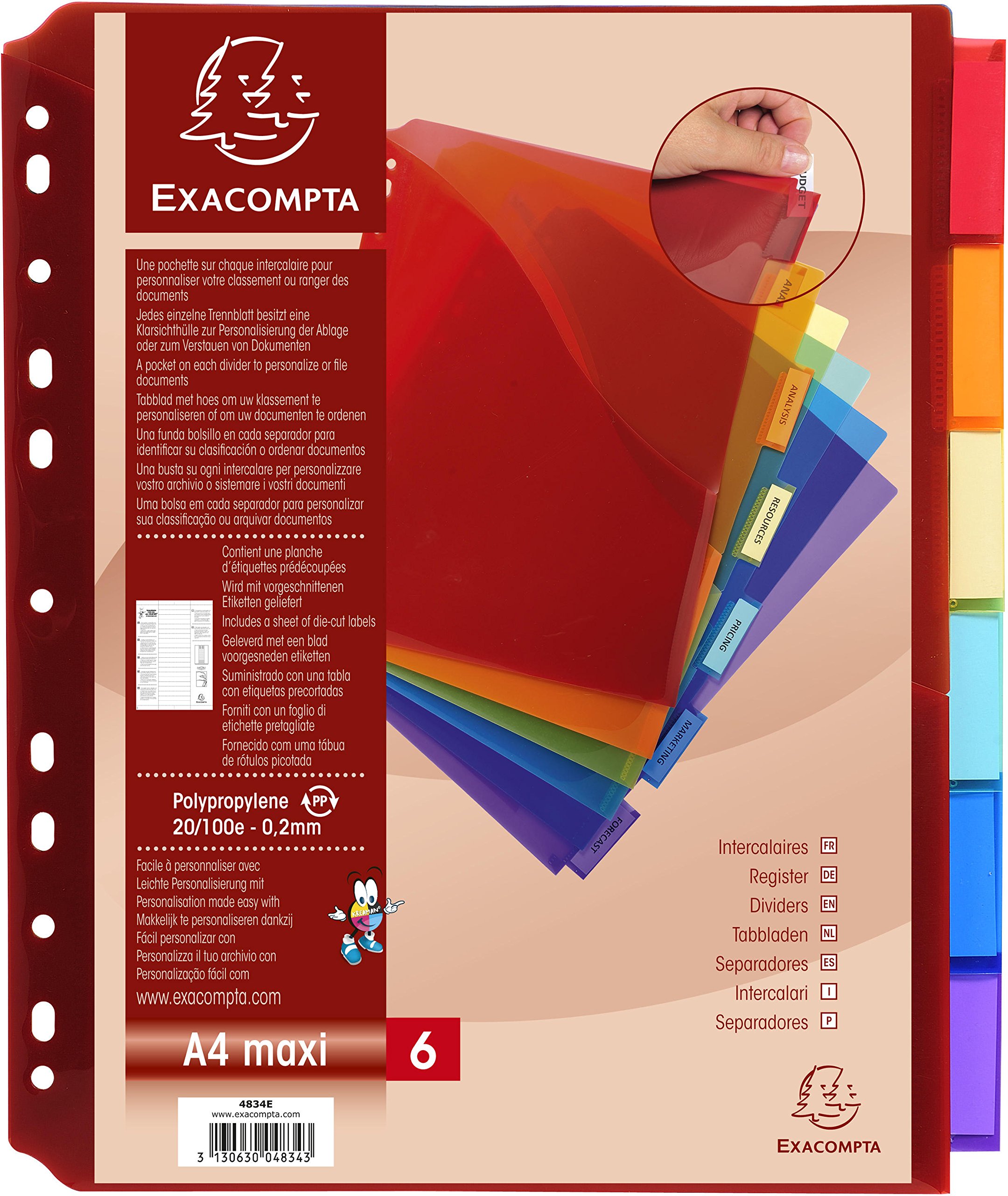 Exacompta - Ref 4834E - PP Document Dividers - Suitable for Use With A4+ Documents, Made from Polypropylene, Pre-Punched & Pre-Printed - 6 Part Dividers - Multicoloured