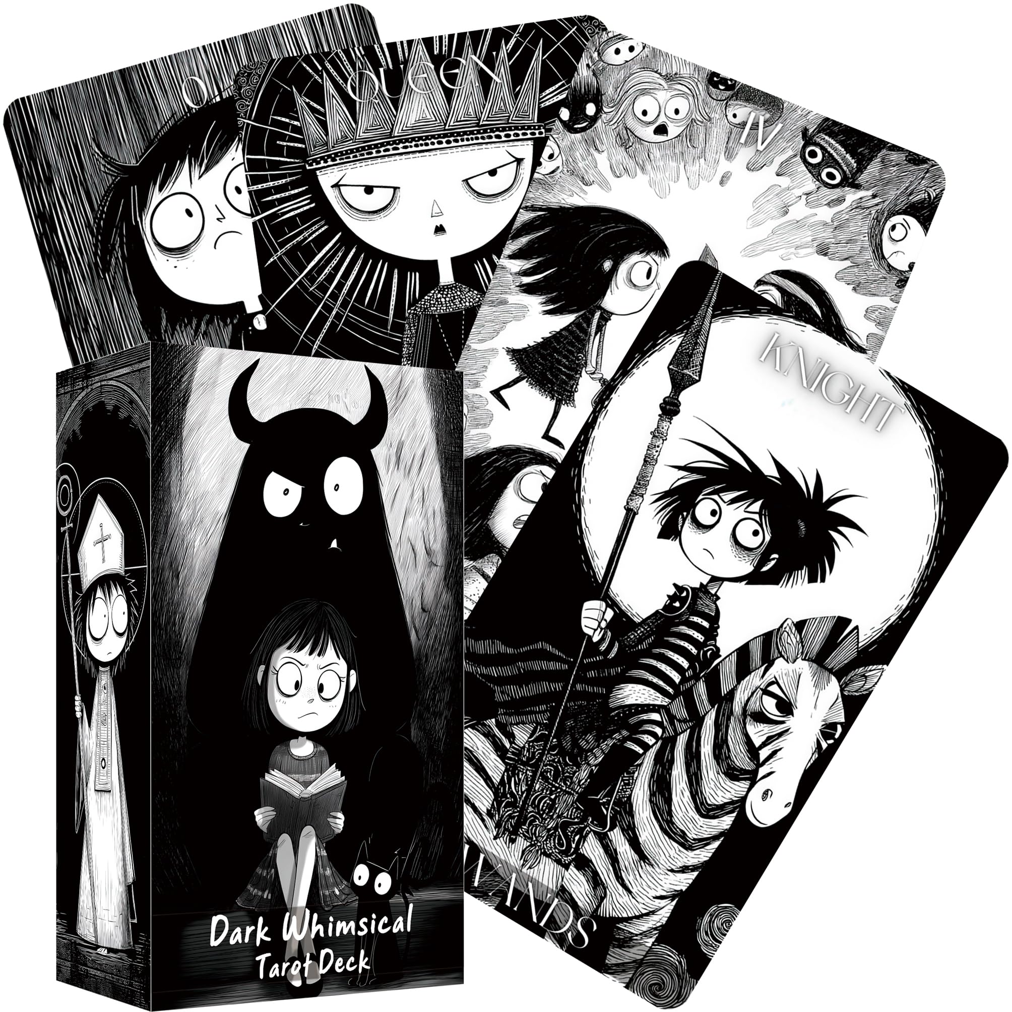 Dark Whimsical Tarot Cards for Beginners, Dark Whimsical Cartoon Style Tarot Deck with Quirky Characters and Expressive Visuals, Fortune Telling Cards