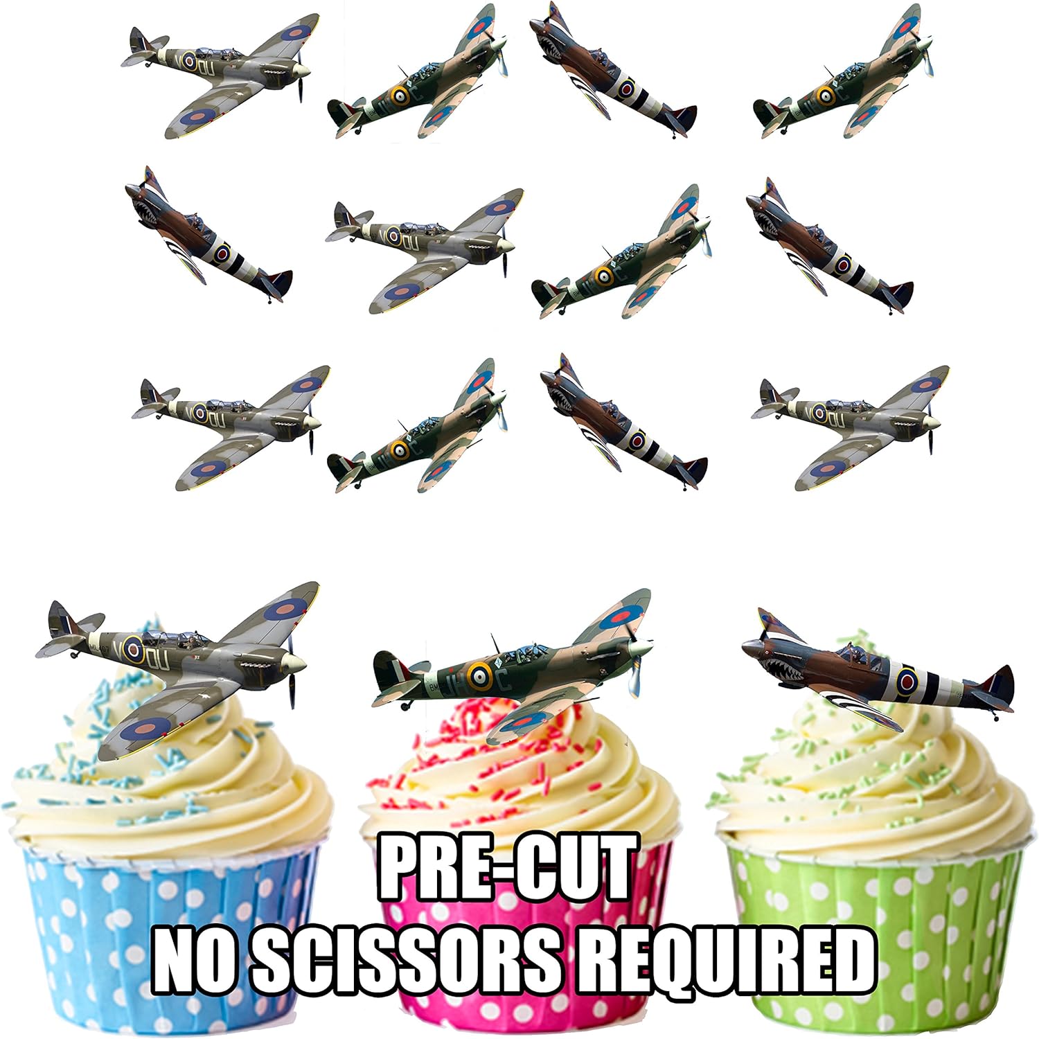 12 Decorations Comestibles Cup Cake Armee Fantaisie Azur Avion Spitfire Melange A Gateau Decorations Figurines Pour Gateaux Ustensiles A Patisserie