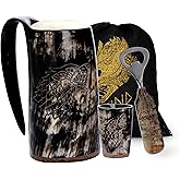 FENRIR Viking Drinking Horn Mug Set 16 oz – Gifts for Men, Dad, Husband – Unique Viking Gift – Handmade Real Ox Horn Cup with Shot Glass & Opener – For Beer, Ale, Mead (Wolf Shine Finish)
