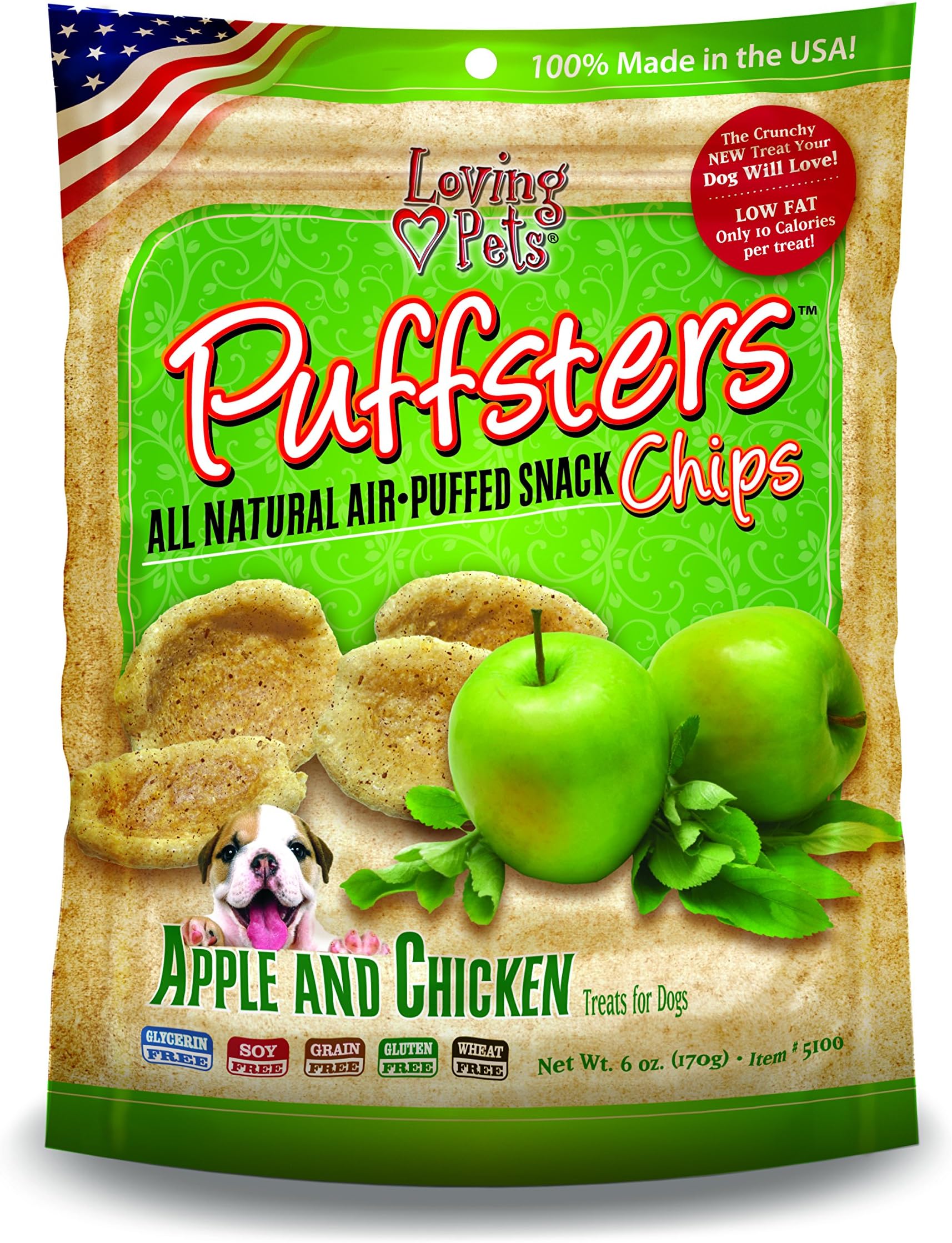 Puffsters Apple And Chicken Chips Dog Treats - Ideal For Puppies Through To Adult Dogs - Only 10 Calories Per Treat And No Additives Or Preservatives - Ideal For Training Your Dog