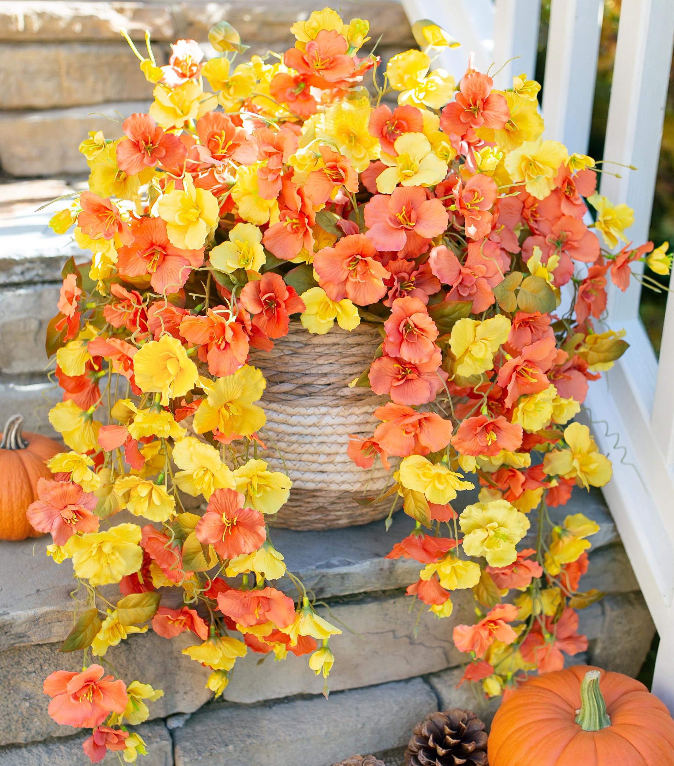 Photo 1 of HyeFlora Hibiscus Fall Flowers Artificial Hanging Flowers Plants for Outdoors Autumn Decoration, 4pcs Silk Hibiscus Vines Realistic UV Resistant Faux Flowers for Outside Planters Yard Garden Home, Mix