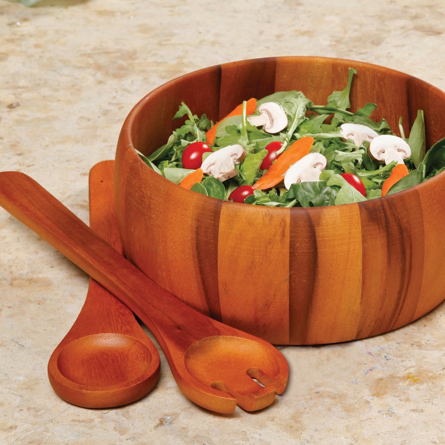 Gibson Home Laroda 3 Piece Salad Bowl Set Including 10 Inch Bowl and Serve Spoon and Fork, Acacia Wood: Kitchen & Dining