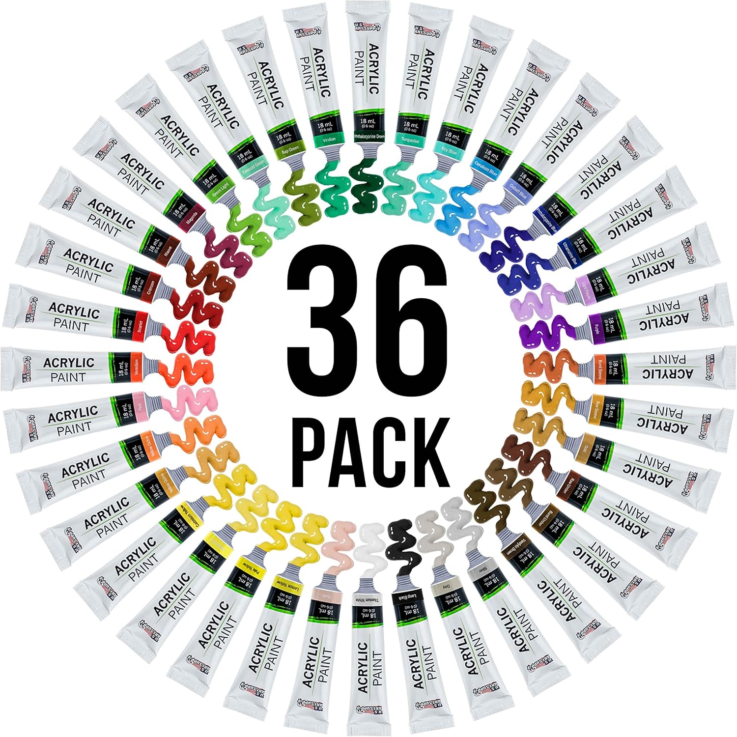 U.S. Art Supply Professional 36 Color Set of Acrylic Paint in Large 18ml Tubes - Rich Vivid Colors for Artists, Students, Beginners - Canvas Portrait Paintings - Color Mixing Wheel