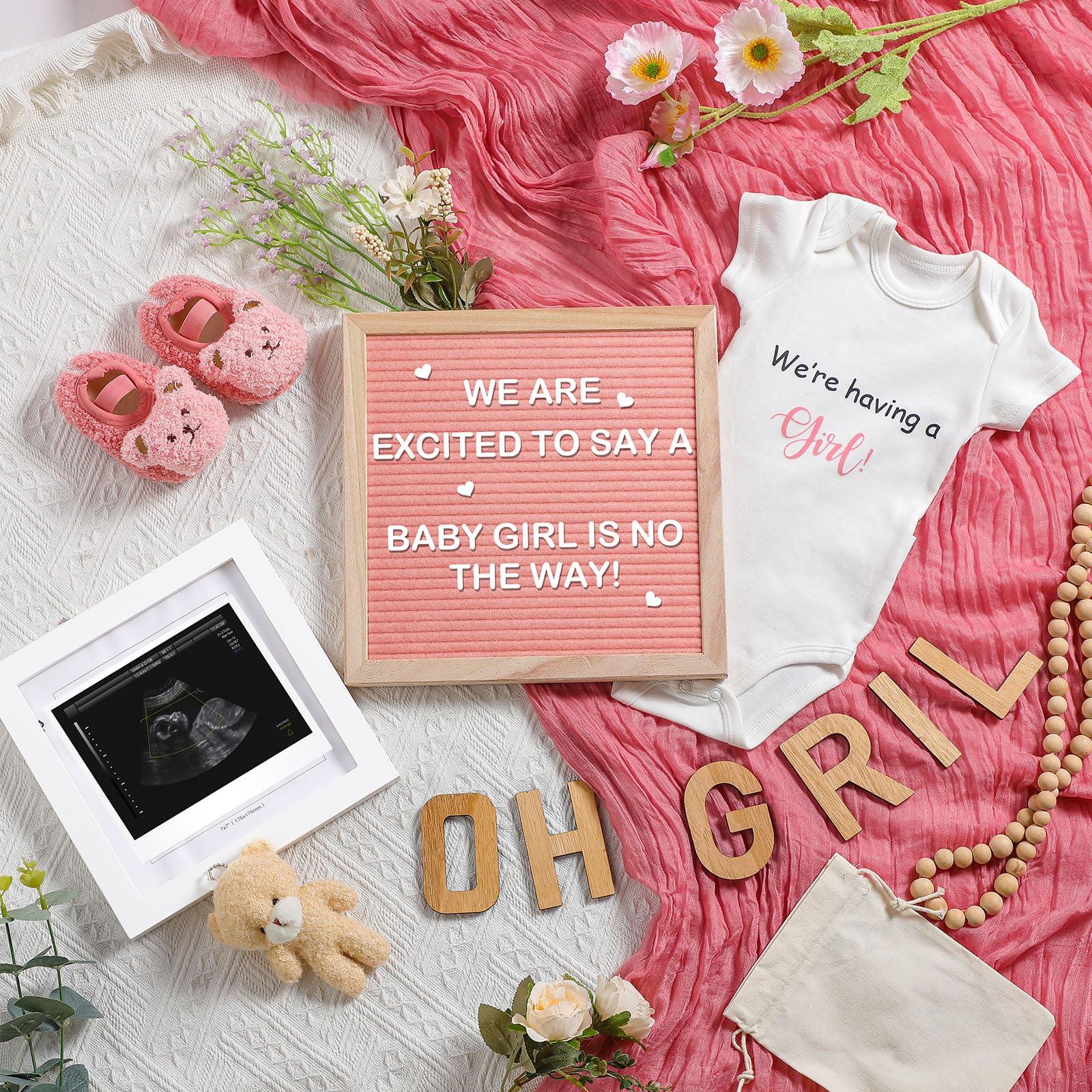 Photo 1 of Canlierr 9 Pcs Pregnancy Announcement Set Pregnancy Reveal Ideas Felt Letter Board Bodysuit Baby Booties Photo Frame Plush Bear Wood Blocks for Coming Soon Baby Announcement