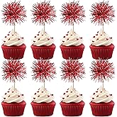 Rsstarxi 40 Pack Red Foil Firework Cupcake Toppers Sparkles Fireworks Sticks Birthday Decorations Sparkle Tinsel Cocktail Fruit Toothpick for Birthday Wedding Graduation Party Cake Decorations