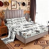 Western Cowboy Sheet Set King Size,Vintage Southwest Style Bed Sheets Desert Cactus Cow Horse Animals Bedding Set for Kids Boys Girls Adult Room Decor,Grey Brown White Fitted + Flat Sheet 4Pcs