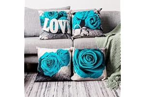 YOOOAHU Blue Pillow Covers 18x18 Set of 4 Rose Flower Throw Pillow Covers for Outdoor Patio Furniture Bedroom Living Room Sofa Bed Home Decorations Cotton Linen Square Romantic Decorative Couch Cushion Cases