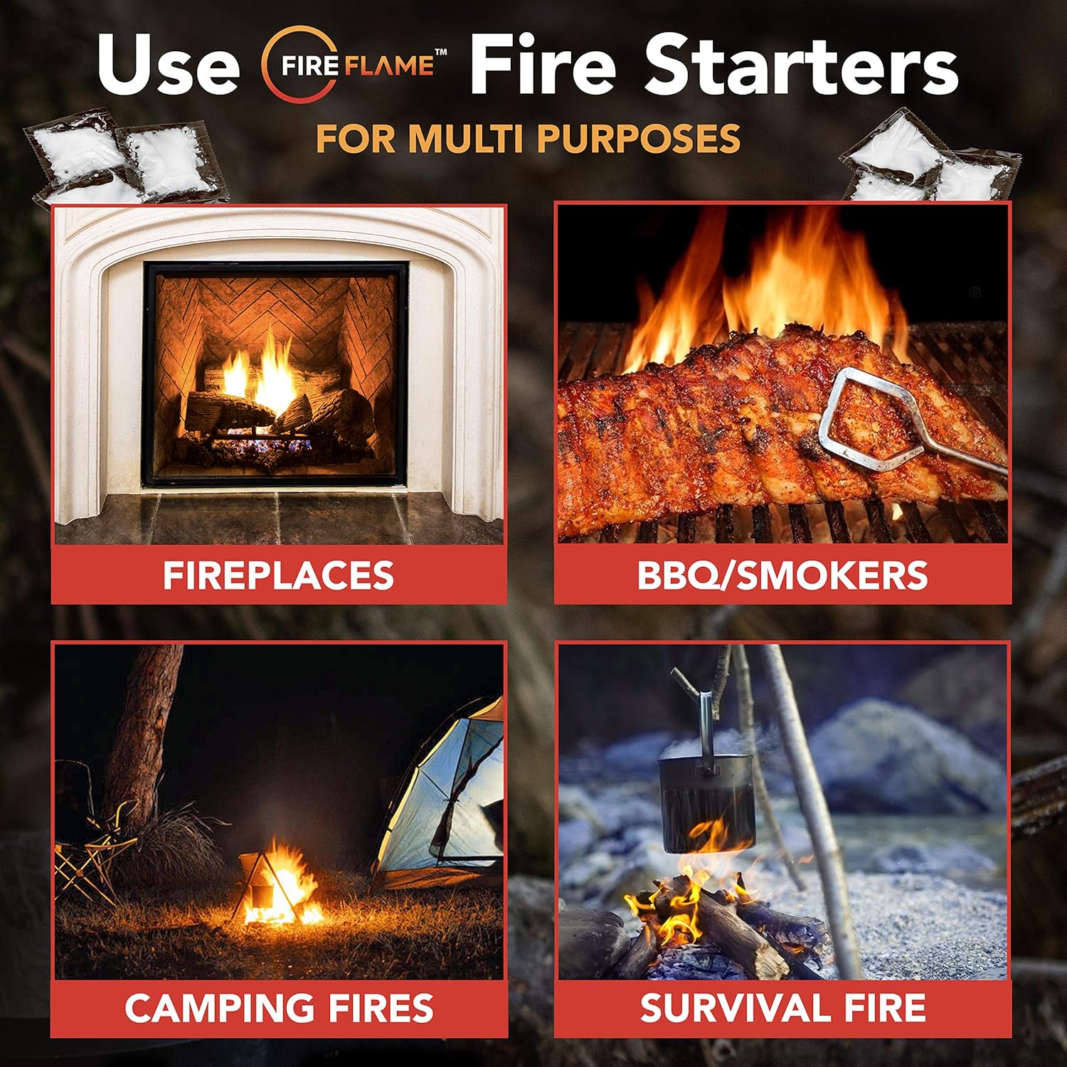 FireFlame Quick Instant Fire Starter - 100% Waterproof All-Purpose Indoor & Outdoor FireStarter, for Charcoal Starter, Campfire, Fireplace, Firepit, Smoker - Odorless and Non-Toxic - 20 Pouches in Bag: Sports & Outdoors